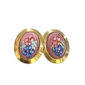 Vintage screwback earrings gold tone & blown art glass pink floral ovals unique